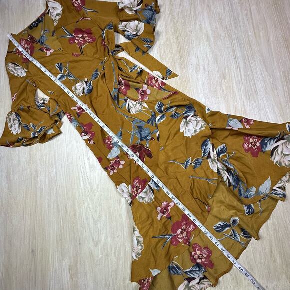 Lulu's Love & Light Mustard Yellow Floral Print Midi Romantic Faux Wrap Dress XS - Picture 16 of 16